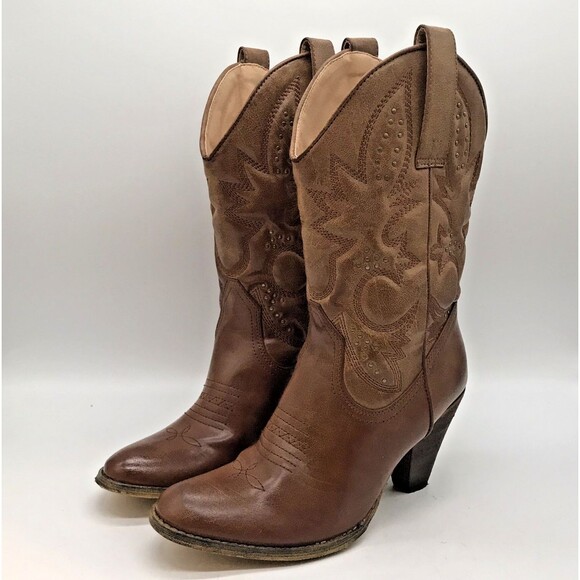 Very Volatile Denver Cowboy Boots Women's 9 Brown Studded Western Heeled Boot - Picture 3 of 13